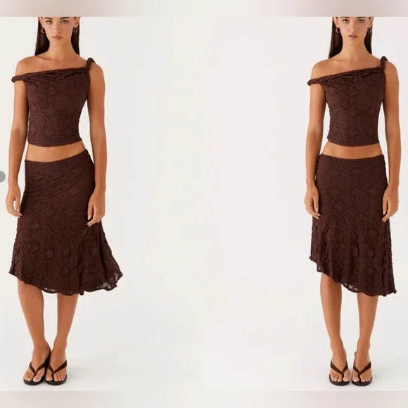 NWT Peppermayo Diamond Sky Midi Skirt Asymmetrical Chocolate - Picture 2 of 4